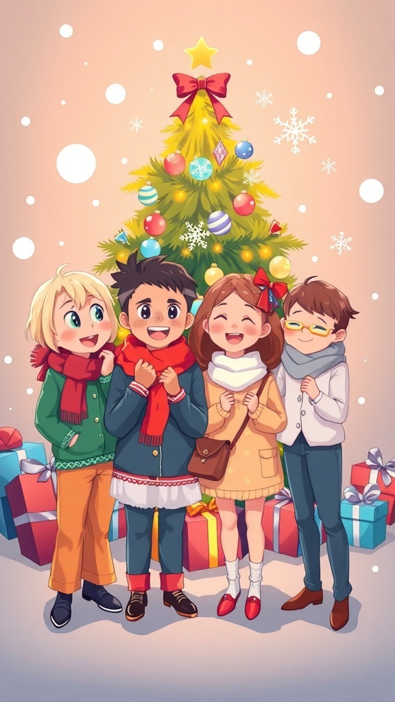 Four people in festive attire celebrating Christmas with a decorated tree and presents.